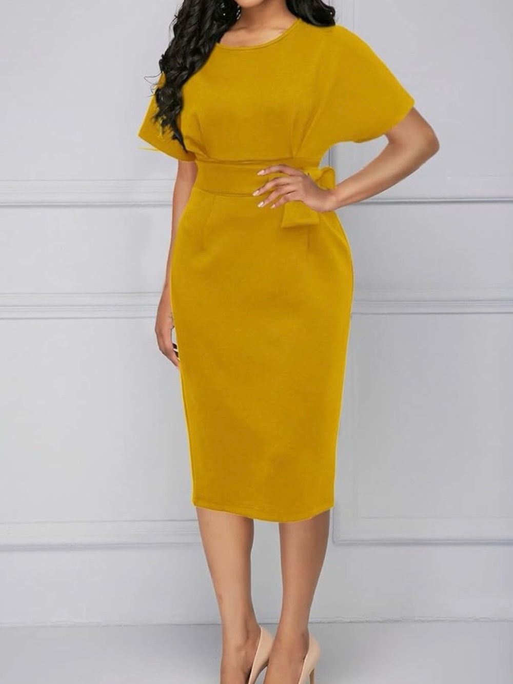 Mustard Yellow Belted Sheath Dress - Women